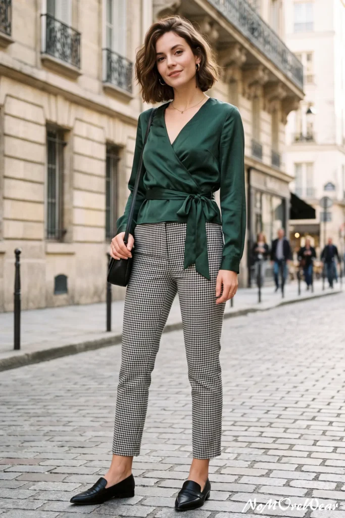 A full-length street style photograph captures a brunette woman with a wavy, side-parted bob haircut standing gracefully while facing the camera on a historic gray cobblestone pavement, as seen in 11. The Satin Wrap Blouse + Houndstooth Cigarette Pants.webp. She is wearing a sophisticated smart-casual summer outfit featuring a glossy emerald green satin long-sleeve blouse designed with a cross-over wrap bodice, a deep V-neckline, and a matching fabric ribbon tied into a neat bow at her left hip. She pairs the blouse with high-waisted, ankle-skimming cigarette trousers featuring a detailed black and white houndstooth pattern. Over her right shoulder hangs a small, structured black leather crossbody purse. She is accessorized with thick gold hoop earrings and a delicate, thin gold chain necklace, completing her timeless look with flat black leather almond-toe loafers. The background features a narrow European city street with historic light-colored stone building facades, iron balconies, and pedestrians walking in a soft-focus blur under daylight. At the bottom right of the image, a white script watermark reads "NoMoReWear".