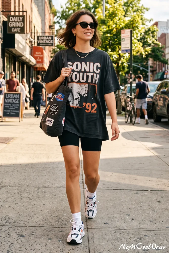 A vertical Pinterest Pin image captures a full-length shot of a smiling brunette woman with a wavy bob walking along a city sidewalk, as seen in 12 summer outfit womens 164.webp. She is wearing an oversized dark grey washed Sonic Youth '92 graphic band t-shirt layered over short black athletic biker shorts. On her feet, she wears white, navy, and orange chunky retro dad sneakers with pulled-up white crew socks. She carries a black canvas tote bag decorated with music patches over her shoulder and wears dark black cat-eye sunglasses. Her accessories include small gold hoop earrings, a thin gold necklace, and rings. The background shows an urban city street with vintage storefront signs in warm daylight. At the bottom right corner, a subtle text watermark reads "NoMoreWear".