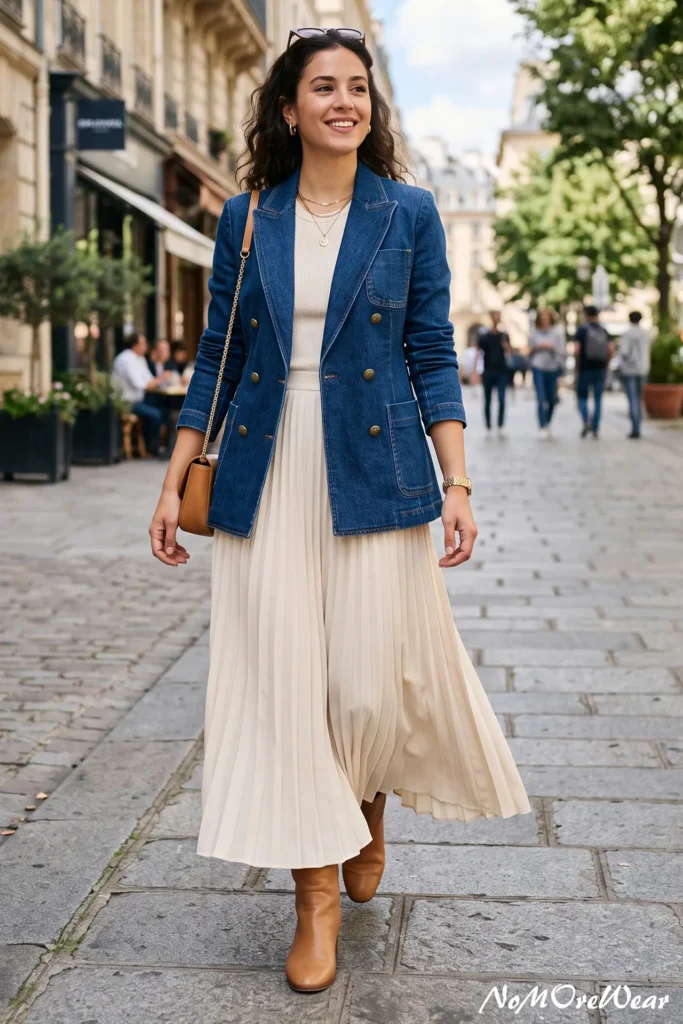 A full-length street style photograph captures a smiling brunette woman with long, wavy dark hair walking gracefully forward down a wide cobblestone sidewalk, as seen in 12. The Structured Denim Blazer + Pleated Maxi Skirt.webp. She is wearing a chic, layered smart-casual outfit featuring a flowing, cream-beige accordion-pleated maxi skirt that falls to her ankles. She pairs the skirt with a matching cream ribbed-knit crewneck top tucked at the waist. Layered over the top is a structured double-breasted denim blazer jacket in a classic dark blue wash, styled with notched lapels, patch pockets, and two rows of polished round gold buttons. Over her right shoulder hangs a small, structured tan-brown leather crossbody purse with a delicate gold chain strap. She is accessorized with thick gold hoop earrings, a layered thin gold chain necklace with a small round coin pendant, a gold watch on her left wrist, and tortoiseshell sunglasses pushed back on her head, finishing her look with smooth, light tan-brown leather boots. The background shows a historic European city street with classic stone architecture, outdoor cafe seating, and pedestrians walking in a soft-focus blur. At the bottom right of the image, a white script watermark reads "NoMoReWear".
