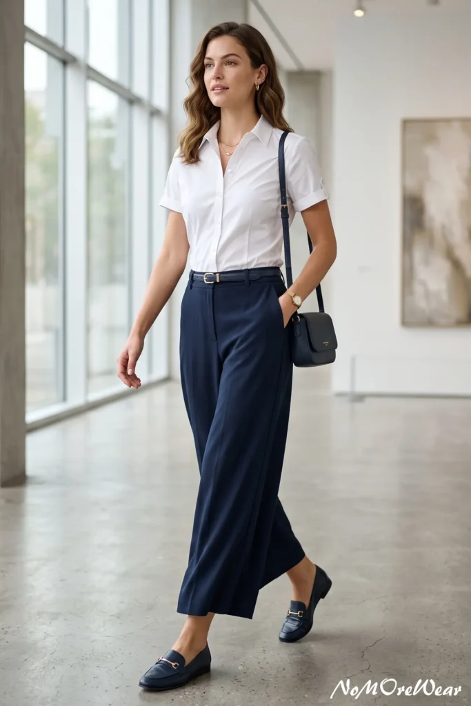 A vertical Pinterest Pin image captures a full-length shot of a dark-haired woman with soft wavy hair walking forward in a bright, modern glass-walled hallway, as seen in 15 summer outfit womens 160.webp. She is wearing a crisp white short-sleeve button-down shirt tucked into high-waisted, tailored navy blue wide-leg trousers secured with a thin navy leather belt featuring a gold buckle. On her feet, she wears navy blue leather loafers with gold horsebit hardware. She carries a dark navy blue leather shoulder crossbody bag on her left side. Her accessories include gold hoop earrings, a subtle gold chain necklace, and a gold wristwatch. The background features a spacious minimalist building interior with large floor-to-ceiling windows and polished concrete floors. At the bottom right corner, a subtle text watermark reads "NoMoreWear".