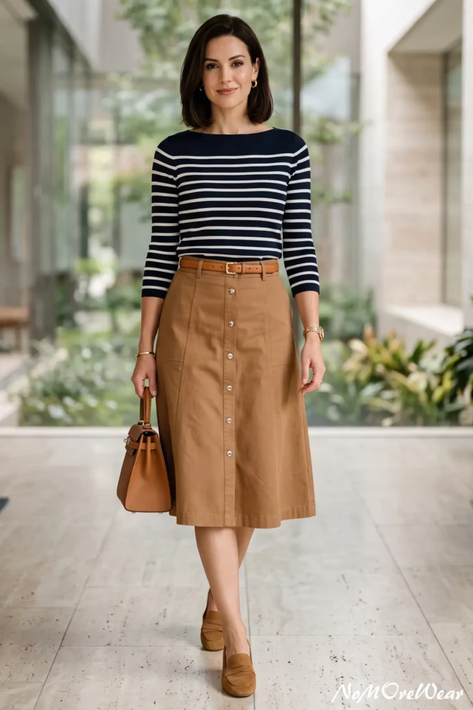 A vertical Pinterest Pin image captures a full-length shot of a dark-haired woman with a sleek shoulder-length bob walking forward indoors, as seen in 16 summer outfit womens 155.webp. She is wearing a navy blue and white horizontal striped boatneck fitted top with three-quarter sleeves tucked into a high-waisted tan camel cotton A-line midi skirt with gold front buttons and a slim tan leather belt. On her feet, she wears tan suede loafers. She carries a structured warm brown leather top-handle handbag in her right hand. Her accessories include gold hoop earrings, a delicate gold bracelet, and a gold wristwatch. The background features a modern, sunlit glass atrium hallway with light marble flooring and potted plants. At the bottom right corner, a subtle text watermark reads "NoMoreWear".