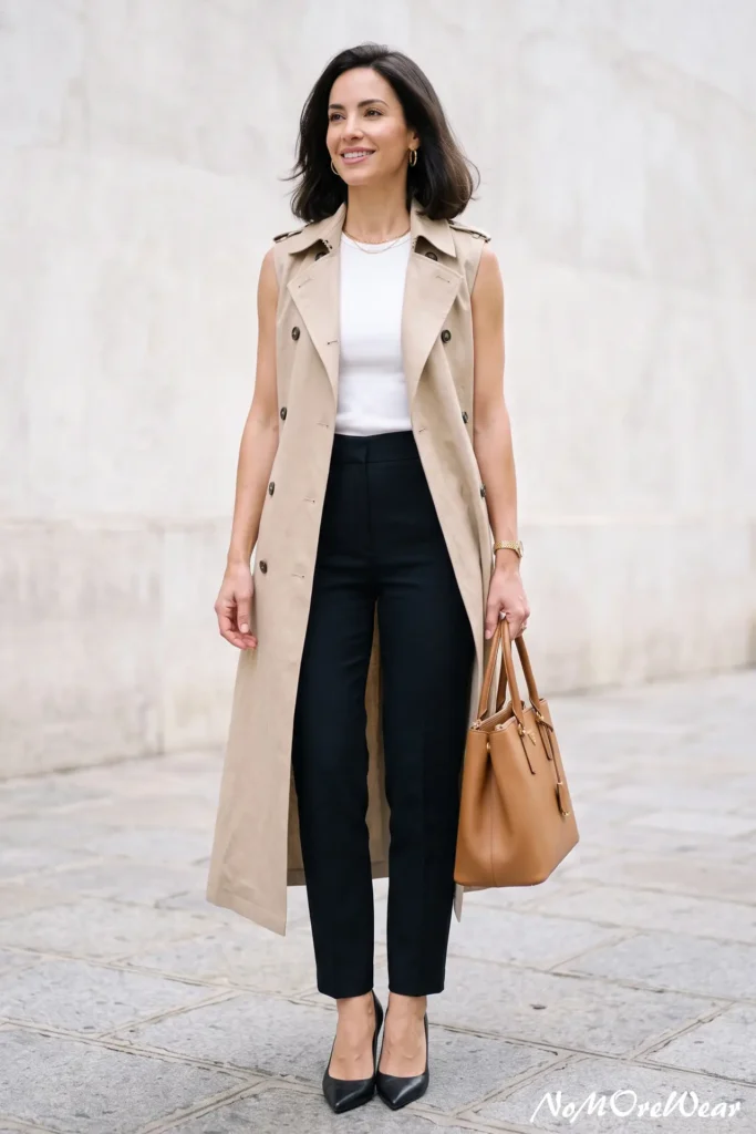 A vertical Pinterest Pin image captures a full-length shot of a dark-haired woman with a chic wavy bob standing outdoors on a light stone pavement, as seen in 17 summer outfit womens 158.webp. She is wearing an open long beige trench vest layered over a simple fitted white crewneck top tucked into high-waisted tailored black slim-fit trousers. On her feet, she wears classic black leather pointed-toe pumps. She carries a structured warm tan leather tote bag with top handles in her left hand. Her accessories include gold hoop earrings, a delicate gold chain necklace, and a gold wristwatch. The background features a minimalist light stone building facade in soft natural daylight. At the bottom right corner, a subtle text watermark reads "NoMoreWear".