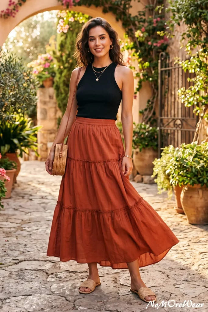 A vertical Pinterest Pin image captures a full-length shot of a smiling brunette woman with long wavy hair standing in a sunlit stone-paved European courtyard, as seen in 2 summer outfit womens 170.webp. She is wearing a fitted black ribbed high-neck sleeveless tank top tucked into a high-waisted rust terracotta orange tiered linen maxi skirt. On her feet, she wears beige woven raffia flat slide sandals. She carries a round woven straw canteen crossbody bag with a tan leather strap across her shoulder. Her accessories include gold hoop earrings, layered gold chain necklaces with a pendant, and a gold bracelet. The background features a Mediterranean villa courtyard with stone arches, potted terracotta olive plants, and blooming pink bougainvillea in warm golden sunlight. At the bottom right corner, a subtle text watermark reads "NoMoreWear".