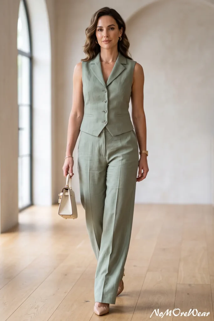 A vertical Pinterest Pin image captures a full-length shot of a brunette woman with elegant wavy hair walking forward indoors, as seen in 3 summer outfit womens 148.webp. She is wearing a monochrome sage green linen two-piece set consisting of a fitted sleeveless vest waistcoat with notch lapels and four buttons, paired with matching tailored wide-leg trousers. On her feet, she wears light beige nude pointed-toe pumps. She carries a structured mini off-white cream leather handbag with gold hardware in her right hand. Her accessories include chunky gold hoop earrings, a delicate gold necklace, a subtle bracelet, and a gold watch. The background features a minimalist interior with light wood flooring, arched doorways, and tall arched windows with natural light. At the bottom right corner, a subtle text watermark reads "NoMoreWear".