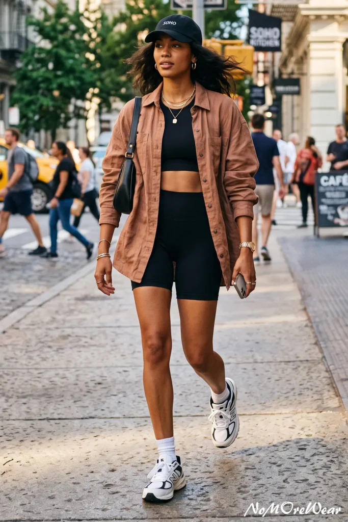 A vertical Pinterest Pin image captures a focused woman with long, wavy dark hair walking confidently forward down a wide urban sidewalk, as seen in 3. The Linen Shacket + Seamless Bike Shorts.webp. She is wearing a trendy athleisure outfit featuring form-fitting, high-waisted black seamless bike shorts paired with a matching black sports bra crop top that shows off her midriff. Layered loosely over the set is an open, oversized long-sleeve linen shirt shacket in a warm terracotta or rust-brown color, with the sleeves effortlessly pushed up to her forearms. She wears a black baseball cap with small white text that reads "SOHO" pushed down over her forehead. Over her right shoulder, she carries a small, curved black leather shoulder bag with gold accents, and she holds a smartphone in her left hand. She is accessorized with chunky gold hoop earrings, a layered gold chain necklace featuring a small round pendant, a gold wristwatch on her left wrist, and thin gold bracelets on her right wrist, completing her streetwear style with chunky white and black New Balance retro dad sneakers and pulled-up white crew socks. The bustling city background shows a sunlit concrete pavement sidewalk with blurred pedestrians and traffic. A white script watermark "NoMoReWear" is visible in the bottom right corner.