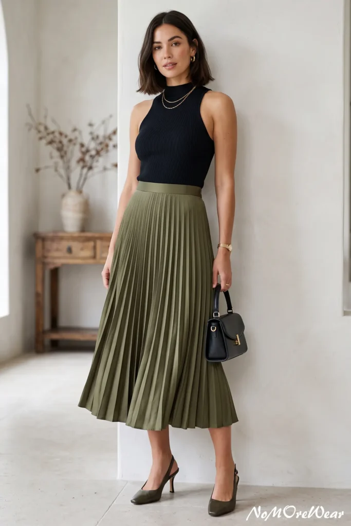 A vertical Pinterest Pin image captures a full-length shot of a brunette woman with a sleek shoulder-length bob leaning against a white plaster wall indoors, as seen in 4 summer outfit womens 156.webp. She is wearing a sleeveless black ribbed halter top with a high neckline tucked into a high-waisted olive khaki green pleated A-line midi skirt. On her feet, she wears matching olive green pointed-toe leather slingback heels. She holds a small, structured black leather handbag with a gold clasp in her left hand. Her accessories include chunky gold hoop earrings, layered gold chain necklaces, and a gold wristwatch. The background features a minimalist neutral room with a rustic wooden console table and a vase with dried branches in the background. At the bottom right corner, a subtle text watermark reads "NoMoreWear".