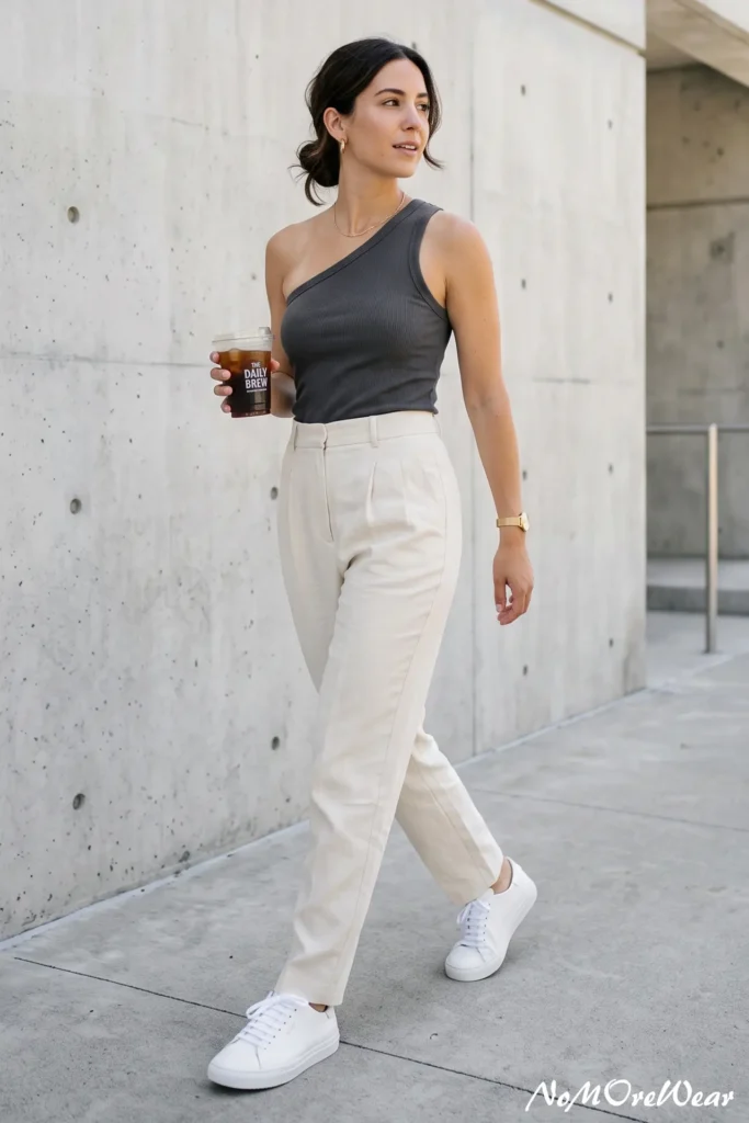 A vertical Pinterest Pin image captures a fair-skinned brunette woman with her hair elegantly tied back in a low bun walking gracefully in profile down a concrete path, as seen in 4. The Asymmetric Tank Top + Pleated Linen Trousers.webp. She is wearing a chic, modern casual outfit featuring high-waisted, straight-leg tailored trousers in a light cream linen fabric, detailed with sharp front pleats and belt loops. She pairs the pants with a fitted charcoal grey ribbed-knit tank top featuring an asymmetric one-shoulder neckline that exposes her right shoulder. In her right hand, she holds a clear plastic cup filled with iced coffee, showcasing a dark label that reads "THE DAILY BREW". She is accessorized with small gold hoop earrings, a thin gold chain necklace, and a sleek gold wristwatch on her left wrist, finishing her clean street style with low-top white leather sneakers featuring white laces. The background features a minimalist, contemporary smooth grey concrete wall under soft daylight. A white script watermark "NoMoReWear" is visible in the bottom right corner.
