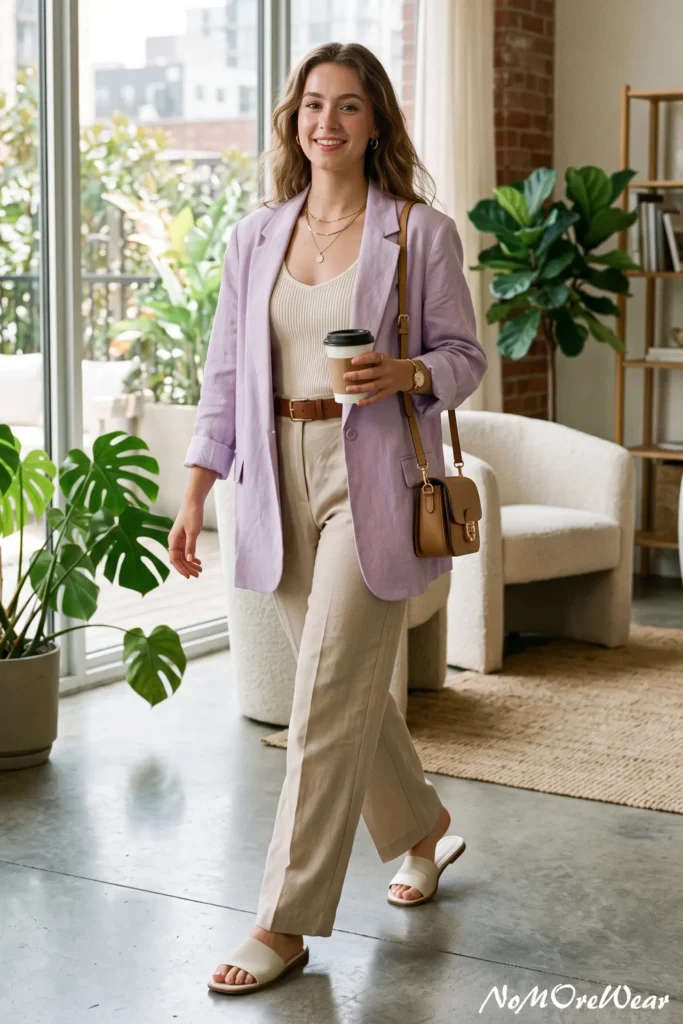 A full-length fashion photograph captures a smiling brunette woman with long, wavy light brown hair walking gracefully forward indoors while holding a paper coffee cup, as seen in 4. The Pastel Oversized Blazer + Ribbed Knit Tank.webp. She is wearing a chic smart-casual summer vacation outfit featuring high-waisted, straight-leg tailored trousers in a light beige linen fabric, paired with a matching cream-colored ribbed-knit scoop-neck tank top. Layered over the tank top is an unstructured, oversized single-breasted blazer jacket in a soft pastel lilac purple hue, styled with the long sleeves casually pushed up toward her elbows. Her top is tucked into a medium-brown leather belt with a gold buckle. Over her left shoulder, she carries a small, structured tan-brown leather crossbody bag with gold hardware. She is accessorized with thick gold hoop earrings, a layered thin gold chain necklace featuring a small round coin pendant, and a gold watch on her left wrist, finishing her relaxed style with flat cream-white leather single-strap slide sandals. The modern, sunlit interior background features polished concrete flooring, a large glass sliding door showing an outdoor balcony with green plants, a potted monstera plant, cream boucle armchairs, a jute area rug, and a wooden bookshelf against a brick accent wall. At the bottom right of the image, a white script watermark reads "NoMoReWear".