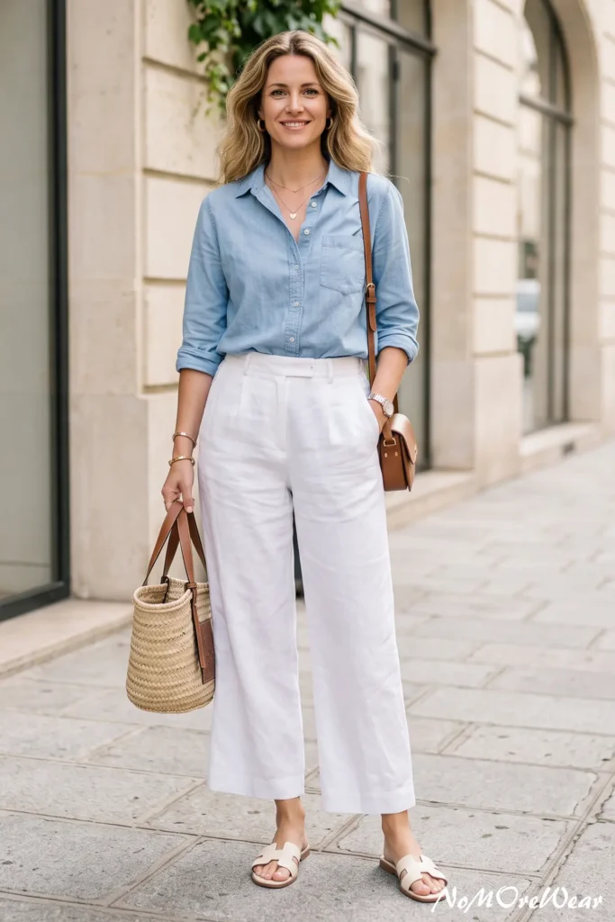 A vertical Pinterest Pin image captures a full-length shot of a smiling blonde woman with shoulder-length wavy hair standing on a stone paved city sidewalk, as seen in 5 summer outfit womens 145.webp. She is wearing a relaxed light blue chambray button-down shirt with rolled sleeves tucked into high-waisted, wide-leg white linen trousers. On her feet, she wears off-white cream leather H-band flat slide sandals. She carries a woven straw basket tote bag with cognac brown leather handles in her right hand and wears a small tan leather crossbody bag across her shoulder. Her accessories include gold hoop earrings, a delicate gold chain necklace with a small heart pendant, a silver wristwatch, and stacked gold bangles. The background features elegant European limestone building architecture and glass storefronts under bright daylight. At the bottom right corner, a subtle text watermark reads "NoMoreWear".