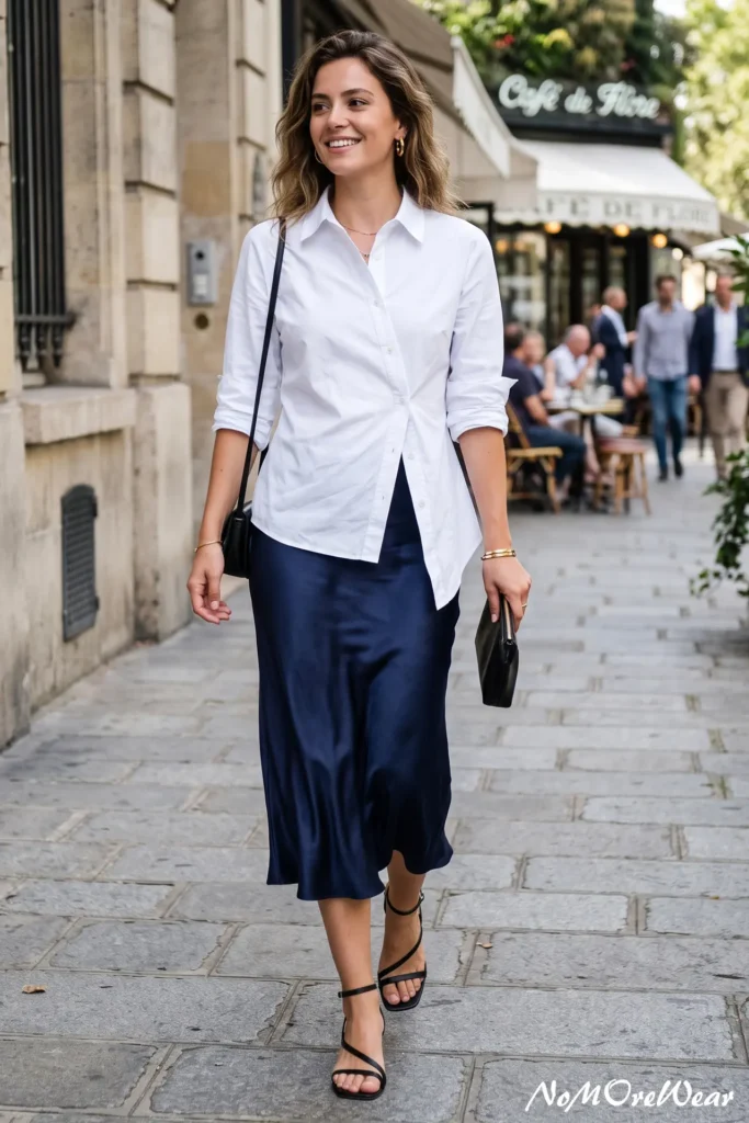 A full-length street style photograph captures a smiling brunette woman with long, wavy blonde-highlighted hair walking gracefully forward down a historic gray cobblestone pavement, as seen in 5. The Asymmetric Button-Down + Satin Slip Skirt.webp. She is wearing a chic smart-casual summer outfit featuring a crisp white long-sleeve collared button-down shirt with the sleeves loosely rolled up to her elbows. The shirt is styled with a creative asymmetric front look, where one side is loosely tucked and the other hangs straight over a high-waisted navy blue satin midi slip skirt that falls past her knees in fluid, shiny folds. Over her right shoulder hangs a thin black leather strap of a crossbody bag, while her left hand holds a small black leather zip-around clutch. She is accessorized with chunky gold hoop earrings, a thin gold chain necklace, and shiny gold bracelets on her left wrist, finishing her elegant evening style with black strappy high-heeled sandals with delicate ankle straps. The background shows an outdoor Parisian or Italian street scene with stone building facades and patrons seated outside a cafe under a striped canopy that reads "Café de Flore" in a soft-focus blur. At the bottom right of the image, a white script watermark reads "NoMoReWear".