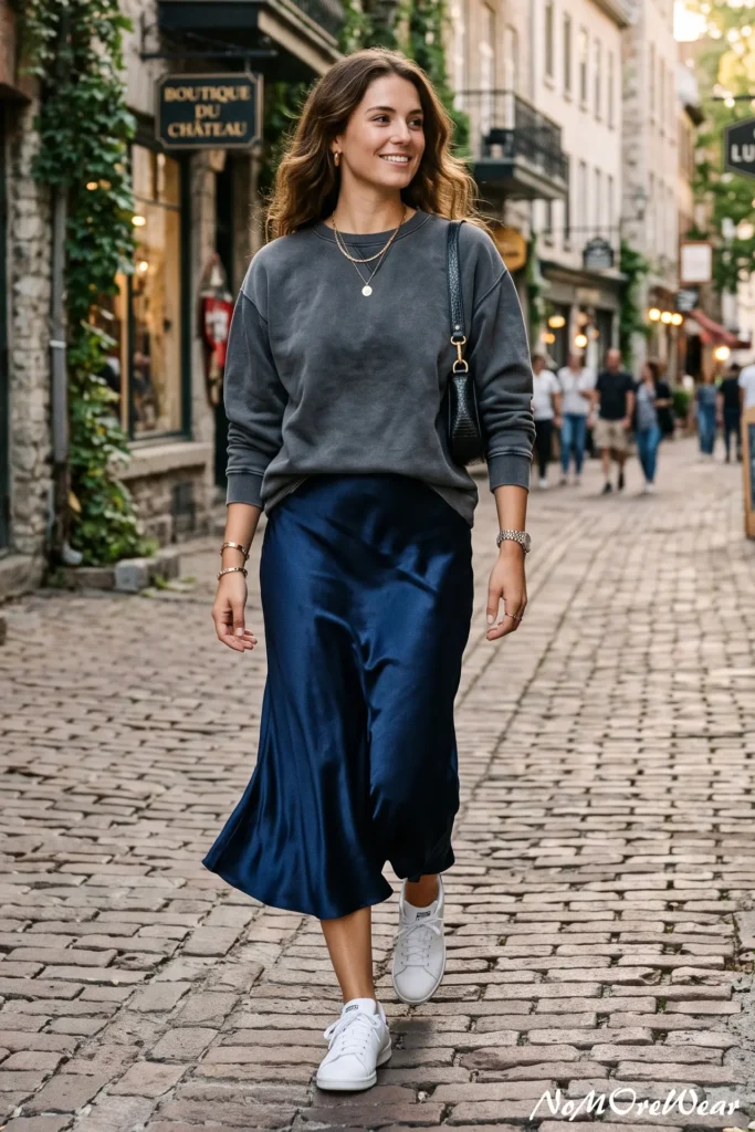 A vertical Pinterest Pin image captures a smiling fair-skinned woman with long, wavy light brown hair walking confidently forward down a historic gray cobblestone street, as seen in Casual Everyday Outfits for women's 114.jpg. She is wearing a modern casual outfit featuring a fluid, midi-length bias-cut slip skirt in a glossy navy blue satin fabric that hits at her mid-calf. She pairs the elegant skirt with a relaxed-fit, washed charcoal grey crewneck sweatshirt with dropped shoulders and ribbed cuffs loosely pushed up. Over her left shoulder, she carries a small black leather shoulder bag with a fine grain texture. She is accessorized with thick gold hoop earrings, a layered gold chain necklace featuring a small round coin pendant, stacked gold bangle bracelets on her right wrist, and a silver-toned metal wristwatch on her left wrist, finishing her casual street style with clean, white leather retro sneakers with white laces. The historic urban background features an old-world street with storefronts, including a hanging sign reading "BOUTIQUE DU CHATEAU", and pedestrians walking in a soft-focus blur under warm natural light. At the bottom of the image, a rounded black and white banner overlay reads "READ MORE" alongside the website URL "Nomorewear.com".