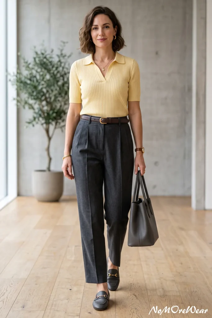 A vertical Pinterest Pin image captures a full-length shot of a dark-haired woman with a wavy bob walking forward in a modern indoor hallway, as seen in 6 summer outfit womens 152.webp. She is wearing a pastel light yellow short-sleeved ribbed knit polo top tucked into high-waisted, pleated charcoal grey tailored trousers secured with a dark brown leather belt with a gold buckle. On her feet, she wears dark grey leather loafers featuring gold horsebit details. She carries a structured charcoal grey leather tote bag in her left hand. Her accessories include gold hoop earrings, a delicate gold chain pendant necklace, a gold bracelet, and a brown leather watch. The background features a minimalist light-filled space with concrete accent walls, light wood flooring, and a potted olive plant. At the bottom right corner, a subtle text watermark reads "NoMoreWear".