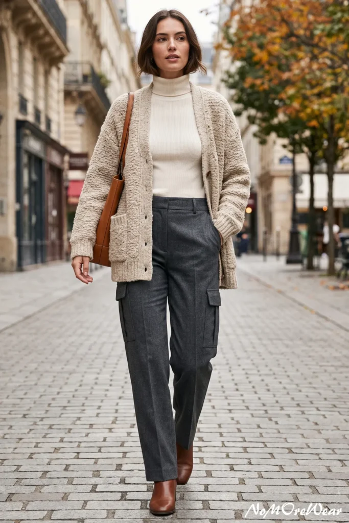 A full-length street style photograph captures a brunette woman with a sleek bob haircut walking gracefully forward down a historic gray cobblestone pavement street, as seen in 6. The Bouclé Knit Cardigan + Tailored Cargo Trousers.webp. She is wearing a cozy, sophisticated transitional outfit featuring high-waisted tailored cargo trousers in a dark charcoal gray wool or heavy cotton blend fabric, detailed with structured button-flap side utility pockets and crisp center pleats. She pairs the pants with a fitted cream-white ribbed knit turtleneck sweater tucked neatly at the waist. Layered over the turtleneck is an unbuttoned, oversized v-neck cardigan jacket made of a chunky, textured beige bouclé knit material with large brown buttons and front patch pockets. Over her right shoulder, she carries a tall, structured tan-brown leather tote handbag. She completes her chic style with smooth brown leather pointed-toe ankle boots, walking with her left hand relaxed in her trouser pocket. The background shows an urban European street with classic light-colored building facades and a tree with golden autumn leaves in a soft-focus blur. At the bottom right of the image, a white script watermark reads "NoMoReWear".