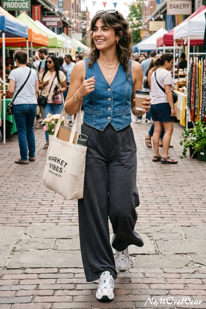 A vertical Pinterest Pin image captures a smiling fair-skinned woman with wavy brunette hair and bangs walking confidently forward down a stone-paved outdoor market alley, as seen in 6. The Denim Vest + Wide-Leg Lounge Pants.webp. She is wearing a modern casual streetwear outfit featuring a fitted, single-breasted denim vest waistcoat in a classic medium blue wash, featuring silver buttons, structured seam panels, and small faux welt pockets. She pairs the tailored vest with relaxed-fit, high-waisted wide-leg lounge pants in a dark charcoal grey knit. In her left hand, she holds a paper coffee cup with a brown cardboard sleeve and a black lid. Over her right shoulder hangs a cream canvas tote bag with bold black text reading "MARKET VIBES CREATIVE CO.", which holds a notebook, a reusable water bottle, and a small bouquet of pink and white roses. She is accessorized with gold hoop earrings, a layered thin gold chain necklace with a round coin pendant, a gold wristwatch on her right wrist, and sunglasses pushed back on her head, finishing her look with chunky white retro dad sneakers. The vibrant background shows an outdoor market with colorful tents, pedestrians, and hanging festival flags under daylight. A white script watermark "NoMoReWear" is visible in the bottom right corner.