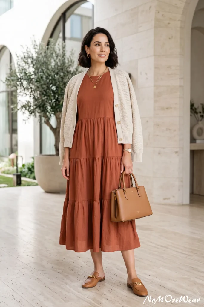 A vertical Pinterest Pin image captures a full-length shot of a dark-haired woman with a short wavy bob standing indoors near a patio entrance, as seen in 7 summer outfit womens 146.webp. She is wearing a sleeveless, flowy terracotta rust-orange tiered midi dress layered with a cream beige knit button-down cardigan draped loosely over her shoulders. On her feet, she wears tan cognac leather backless mule loafers with gold chain details. She holds a structured warm tan leather handbag with top handles in her left hand. Her accessories include chunky gold hoop earrings, layered gold chain pendant necklaces, and a gold metallic wristwatch. The background features a luxury modern courtyard with cream stone pillars, large archways, light tile flooring, and a potted olive tree in the sunlight. At the bottom right corner, a subtle text watermark reads "NoMoreWear".
