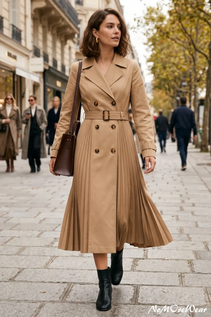 A full-length street style photograph captures a focused brunette woman with wavy shoulder-length hair walking gracefully forward down a historic gray cobblestone sidewalk, as seen in 7. The Double-Breasted Pleated Trench Dress.webp. She is wearing a sophisticated, tailored camel beige midi dress styled after a classic double-breasted trench coat, featuring structured pointed lapels, long sleeves with buttoned wrist cuffs, and dual rows of round tortoiseshell buttons. A matching beige fabric belt with a rectangular tortoiseshell buckle cinches her waist, below which the dress cascades into a structured, finely detailed knife-pleated A-line skirt that moves dynamically. Over her right shoulder, she carries a tall, structured dark chocolate brown leather tote bag with thick handles. She is accessorized with chunky gold hoop earrings, finishing her polished city style with fitted black leather ankle boots. The Parisian or Italian urban background shows a wide pedestrian stone pathway with other stylish people walking in coats, classic stone buildings, and a line of trees with green and turning autumn leaves in a soft-focus blur. At the bottom right of the image, a white script watermark reads "NoMoReWear".