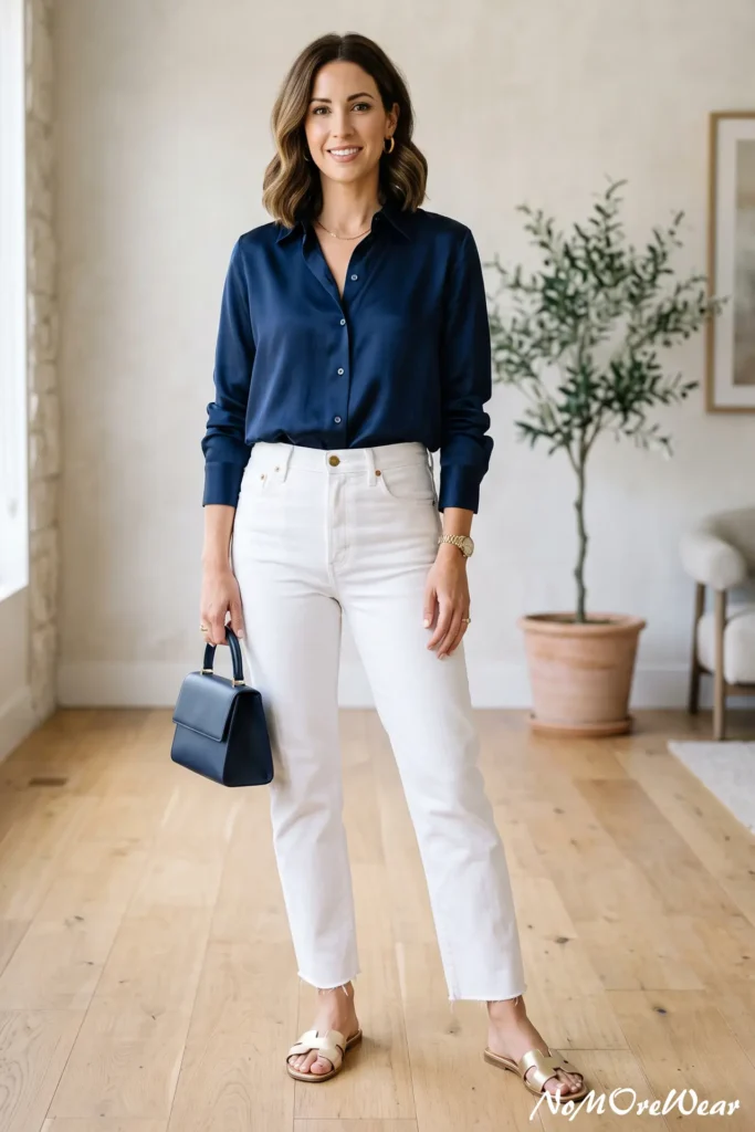 A vertical Pinterest Pin image captures a full-length shot of a dark-haired woman with wavy hair standing in a sunlit interior room, as seen in 8 summer outfit womens 154.webp. She is wearing a dark navy blue silk button-down long-sleeve shirt tucked into high-waisted white straight-leg jeans with subtle frayed raw hems. On her feet, she wears metallic gold leather flat slide sandals. She holds a small, structured navy blue leather top-handle handbag in her right hand. Her accessories include chunky gold hoop earrings, a delicate gold chain necklace, and a gold watch. The background features a minimalist light-filled interior with light wood floors, a potted olive tree in a terracotta pot, and neutral stone walls. At the bottom right corner, a subtle text watermark reads "NoMoreWear".