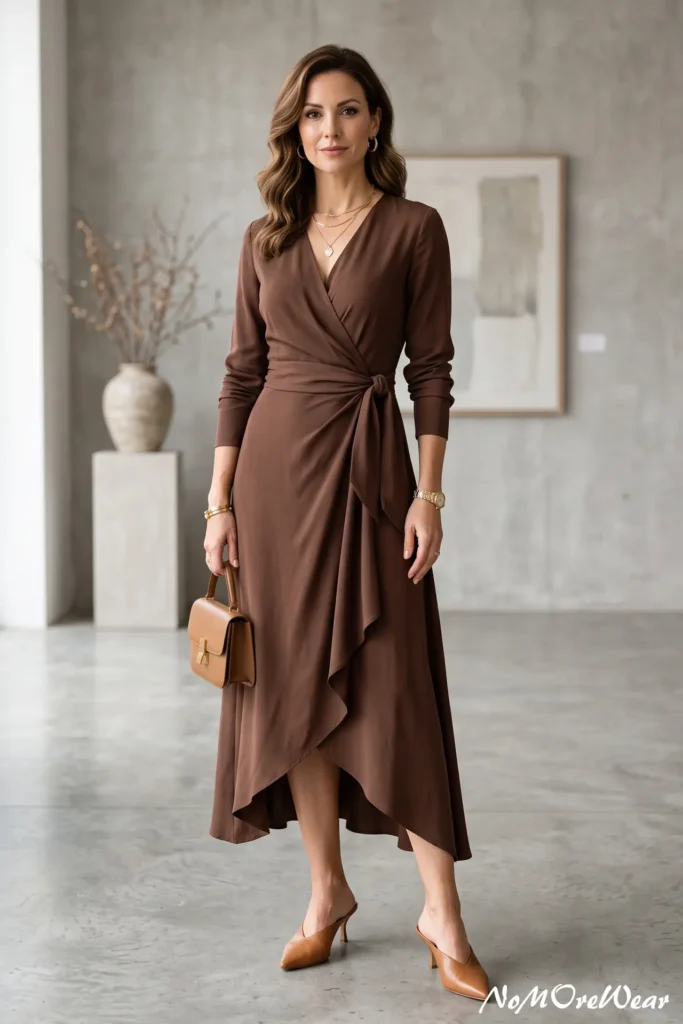 A vertical Pinterest Pin image captures a full-length shot of a brunette woman with elegant soft waves standing in a modern gallery-like room, as seen in 9 summer outfit womens 150.webp. She is wearing a deep chocolate brown long-sleeved midi wrap dress featuring a surplice V-neckline, a waist side tie, and a cascading high-low asymmetrical hemline. On her feet, she wears tan camel leather pointed-toe kitten-heel mules. She carries a mini, structured camel brown leather handbag with a gold metal clasp in her right hand. Her accessories include gold hoop earrings, a layered gold chain pendant necklace, gold bangles, and a gold wristwatch. The background features a minimalist interior with polished concrete flooring, a plaster wall with abstract framed art, and a vessel with dried branches on a pedestal. At the bottom right corner, a subtle text watermark reads "NoMoreWear".