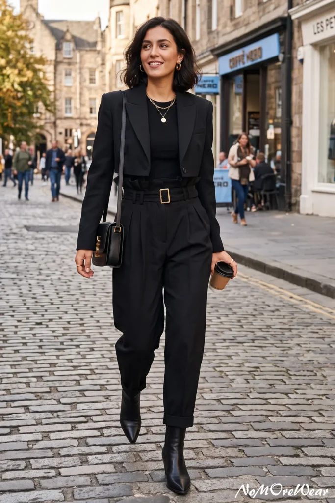 A full-length street style photograph captures a smiling brunette woman with a wavy, shoulder-length bob haircut walking confidently forward down a wide cobblestone street, as seen in 9. The Cropped Blazer + Paperbag Trousers.webp. She is wearing a chic all-black tailored outfit featuring high-waisted paperbag trousers with deep front pleats, cuffed ankles, and a fabric belt fastened by a rectangular gold buckle. She pairs the trousers with a matching fitted, structured cropped blazer jacket with clean lapels and long sleeves, worn open over a plain black crewneck t-shirt. In her left hand, she holds a paper coffee cup with a black lid. Over her right shoulder, she carries a small, structured black leather crossbody bag featuring a vertical gold metal clasp. She is accessorized with thick gold hoop earrings and a delicate layered gold chain necklace with a small round coin pendant, finishing her sophisticated look with sleek black leather pointed-toe ankle boots. The historic urban background shows a stone-paved walkway, classic European storefronts including a cafe sign reading "Caffè Nero", and pedestrians walking in a soft-focus blur under natural light. At the bottom right of the image, a white script watermark reads "NoMoReWear".