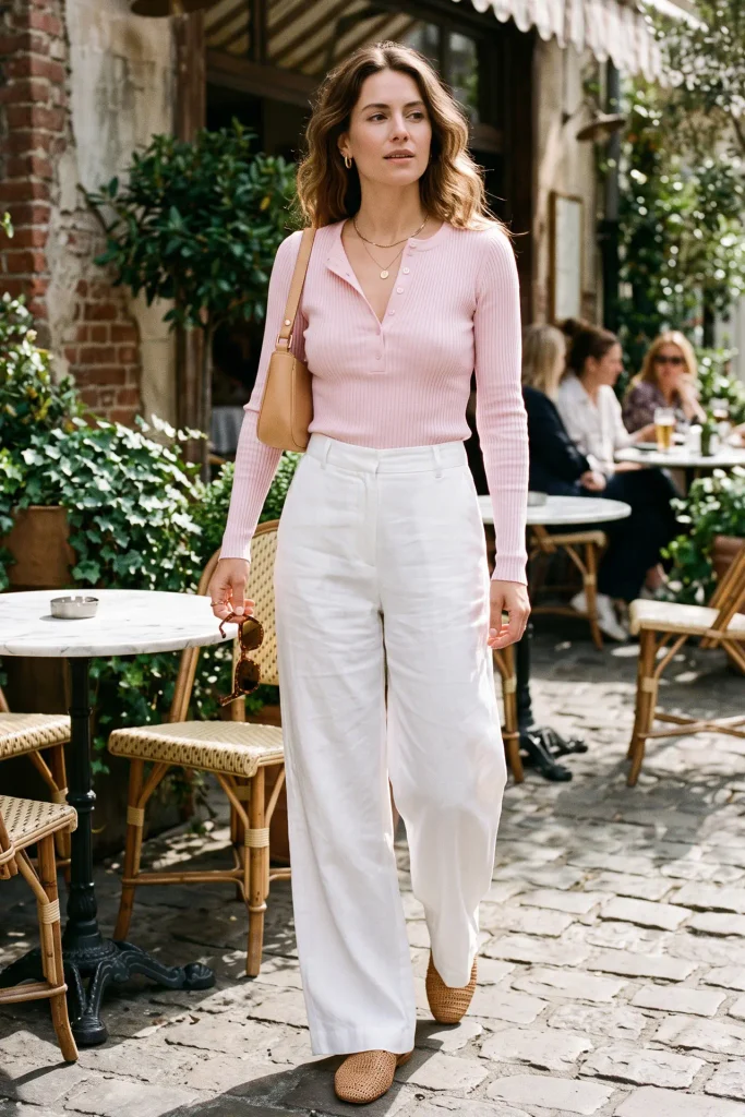 The Ribbed Baby Pink Henley & White Wide-Leg Trousers